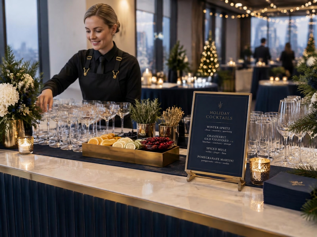 Polished corporate holiday party bar with printed cocktail menu