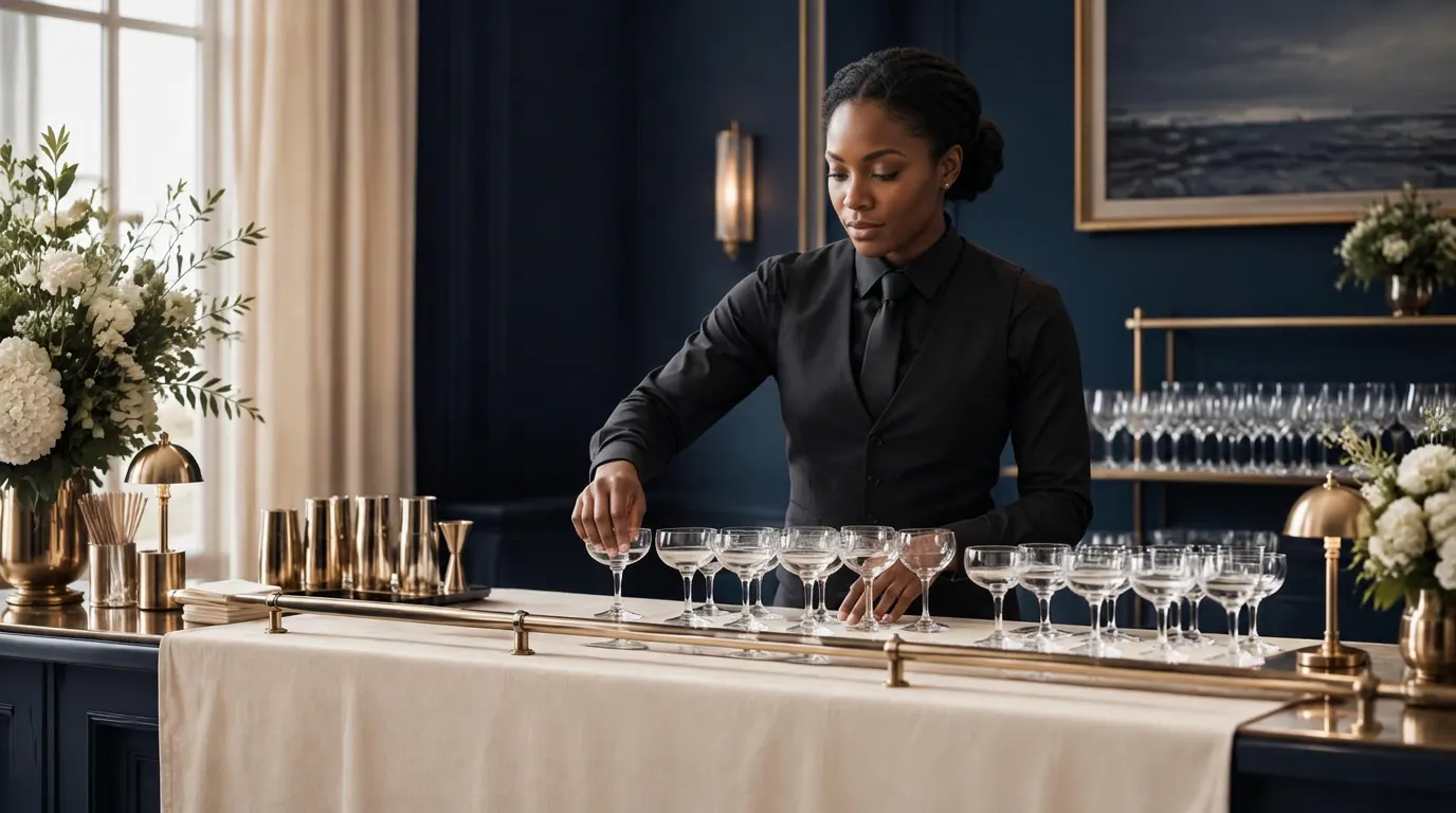 Smiling bartender serving guests at a private evening party