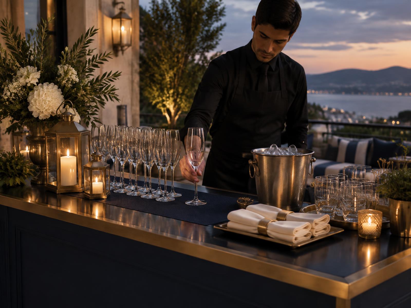 Intimate terrace bar set at dusk