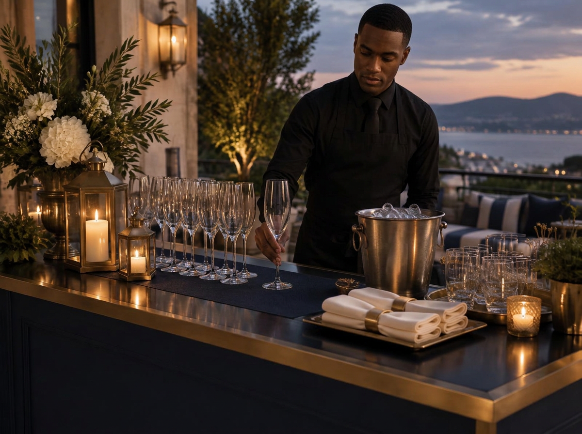 Professional Black male bartender preparing an elegant wedding bar