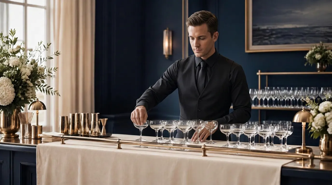 Professional bartender standing behind a polished venue bar