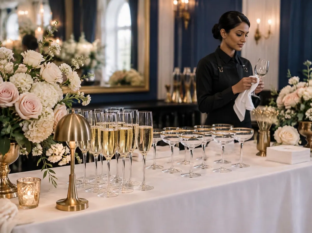 Bartender in a white shirt and vest preparing an elegant wedding bar